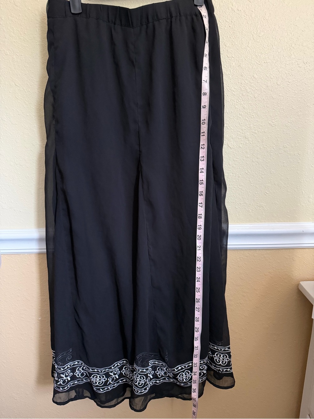 Black Embroidered Sheer Hem Palazzo Skirt